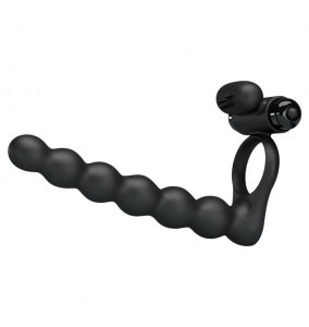 PRETTY LOVE - Male Vibrating Delay Cock Ring With Anal Beads (Battery - Black)